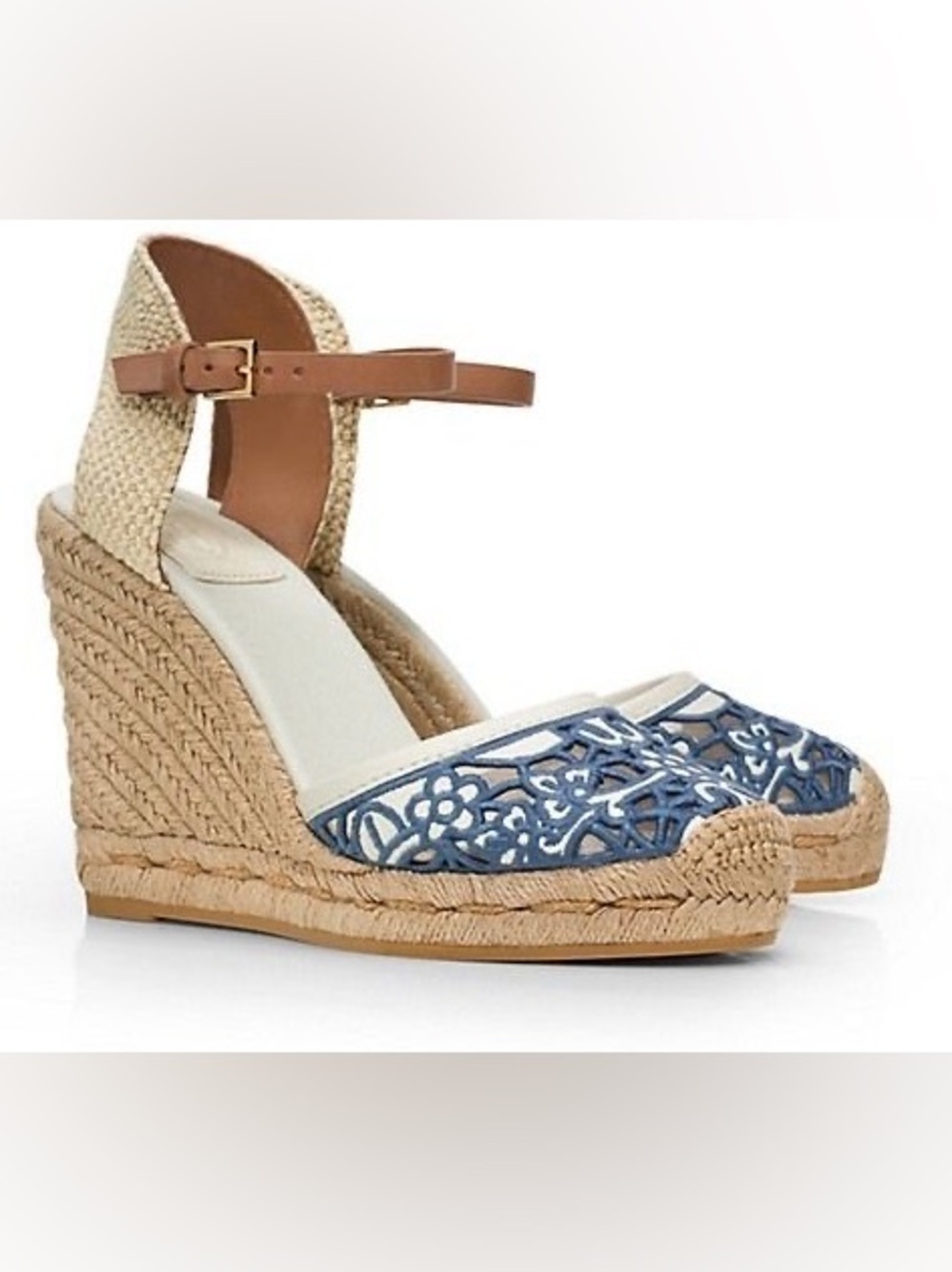 Tory Burch Lucia Blue & Tan Embroidered Espadrille Wedge Sandals size 7.5